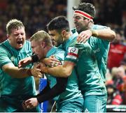 11 January 2019; Keith Earls of Munster, second from left, is congratulated by team-mates, from left, Stephen Archer, Conor Murray, and Billy Holland after scoring his side's third try during the Heineken Champions Cup Pool 2 Round 5 match between Gloucester and Munster at Kingsholm Stadium in Gloucester, England. Photo by Seb Daly/Sportsfile