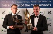 11 January 2019; Former Bohemians goalkeeper Shane Supple, left, with the Goalkeeper of the Year award and former Dundalk manager and current Republic of Ireland U21 manager Stephen Kenny with the Personality of the Year award during the SSE Airtricity Soccer Writers’ Association of Ireland Awards 2018 at the Conrad Hotel in Dublin. Photo by Stephen McCarthy/Sportsfile