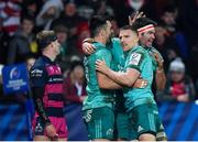 11 January 2019; Andrew Conway of Munster, centre, celebrates with team-mates Conor Murray, left, and Billy Holland after scoring his side's fourth try during the Heineken Champions Cup Pool 2 Round 5 match between Gloucester and Munster at Kingsholm Stadium in Gloucester, England. Photo by Seb Daly/Sportsfile