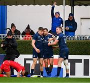 12 January 2019; Leinster's Dave Kearney, centre, celebrates with team-mate Garry Ringrose, left, and Rory O'Loughlin after scoring his side's second try during the Heineken Champions Cup Pool 1 Round 5 match between Leinster and Toulouse at the RDS Arena in Dublin. Photo by Ramsey Cardy/Sportsfile