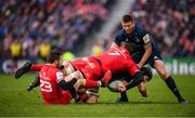 12 January 2019; Scott Fardy with the support of his Leinster team-mate Ross Byrne, right, is tackled by Rynhardt Elstadt and Zack Holmes, 23, of Toulouse during the Heineken Champions Cup Pool 1 Round 5 match between Leinster and Toulouse at the RDS Arena in Dublin. Photo by Stephen McCarthy/Sportsfile