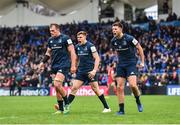 12 January 2019; Leinster players Garry Ringrose, centre, and Ross Byrne, right, celebrate their side winning a penalty during the Heineken Champions Cup Pool 1 Round 5 match between Leinster and Toulouse at the RDS Arena in Dublin. Photo by Seb Daly/Sportsfile