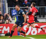 12 January 2019; Adam Byrne of Leinster celebrates after scoring his side's fourth try during the Heineken Champions Cup Pool 1 Round 5 match between Leinster and Toulouse at the RDS Arena in Dublin. Photo by Stephen McCarthy/Sportsfile