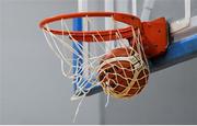 12 January 2019; A general view of a basketball and basketball ring and net during the Hula Hoops Under 20 Men’s National Cup semi-final match between Portlaoise Panthers and Dublin Lions at the Mardyke Arena UCC in Cork.  Photo by Brendan Moran/Sportsfile