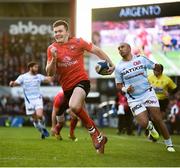 12 January 2019; Jacob Stockdale of Ulster on his way to scoring his side's second try during the Heineken Champions Cup Pool 4 Round 5 match between Ulster and Racing 92 at the Kingspan Stadium in Belfast, Co. Antrim. Photo by David Fitzgerald/Sportsfile