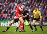 12 January 2019; Rynhardt Elstadt of Toulouse is tackled by Ross Molony, left, and Max Deegan of Leinster during the Heineken Champions Cup Pool 1 Round 5 match between Leinster and Toulouse at the RDS Arena in Dublin. Photo by Stephen McCarthy/Sportsfile