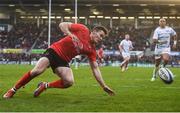 12 January 2019; Jacob Stockdale of Ulster slips on the try line as he runs onto a crossfield kick delivered by team-mate Will Addison during the Heineken Champions Cup Pool 4 Round 5 match between Ulster and Racing 92 at the Kingspan Stadium in Belfast, Co. Antrim. Photo by David Fitzgerald/Sportsfile