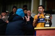 12 January 2019; Clare captain Gary Brennan makes a speech after being presented with the McGrath cup by Munster Council Chairman Jerry O'Sullivan after the McGrath Cup Final match between Cork and Clare at Hennessy Park in Miltown Malbay, Co. Clare. Photo by Diarmuid Greene/Sportsfile