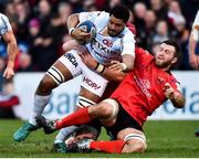 12 January 2019; Boris Palu of Racing 92  is tackled by Marty Moore and Alan O'Connor of Ulster during the Heineken Champions Cup Pool 4 Round 5 match between Ulster and Racing 92 at the Kingspan Stadium in Belfast, Co. Antrim. Photo by Oliver McVeigh/Sportsfile
