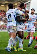12 January 2019; Virimi Vakatawa of Racing 92 celebrates with Henry Chavancy, left, and Simon Zebo of Racing 92 after scoring his sid'es first try in the Heineken Champions Cup Pool 4 Round 5 match between Ulster and Racing 92 at the Kingspan Stadium in Belfast, Co. Antrim.. Photo by Oliver McVeigh/Sportsfile