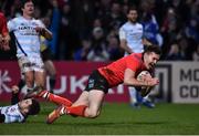 12 January 2019; Jacob Stockdale of Ulster on his way to scoring his side's third try during the Heineken Champions Cup Pool 4 Round 5 match between Ulster and Racing 92 at the Kingspan Stadium in Belfast, Co. Antrim. Photo by Oliver McVeigh/Sportsfile