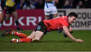 12 January 2019; Jacob Stockdale of Ulster scores his side's third try  during the Heineken Champions Cup Pool 4 Round 5 match between Ulster and Racing 92 at the Kingspan Stadium in Belfast, Co. Antrim. Photo by Oliver McVeigh/Sportsfile