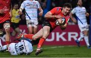 12 January 2019; Jacob Stockdale of Ulster on his way to scoring his side's third try during the Heineken Champions Cup Pool 4 Round 5 match between Ulster and Racing 92 at the Kingspan Stadium in Belfast, Co. Antrim. Photo by Oliver McVeigh/Sportsfile