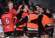 12 January 2019; Jacob Stockdale of Ulster, centre, celebrates with team-mates after scoring his side's third try during the Heineken Champions Cup Pool 4 Round 5 match between Ulster and Racing 92 at the Kingspan Stadium in Belfast, Co. Antrim. Photo by Oliver McVeigh/Sportsfile