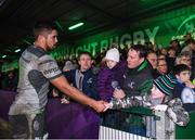 12 January 2019; Jarrad Butler of Connacht shakes hands with a young supporter following the Heineken Challenge Cup Pool 3 Round 5 match between Connacht and Sale Sharks at the Sportsground in Galway. Photo by Harry Murphy/Sportsfile