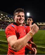 12 January 2019; Jacob Stockdale of Ulster celebrates at the final whistle following the Heineken Champions Cup Pool 4 Round 5 match between Ulster and Racing 92 at the Kingspan Stadium in Belfast, Co. Antrim. Photo by David Fitzgerald/Sportsfile