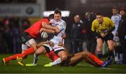 12 January 2019; Juan Imhoff of Racing 92 is tackled by Louis Ludik, left, and Robert Baloucoune of Ulster during the Heineken Champions Cup Pool 4 Round 5 match between Ulster and Racing 92 at the Kingspan Stadium in Belfast, Co. Antrim. Photo by David Fitzgerald/Sportsfile