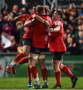 12 January 2019; Kieran Treadwell, Billy Burns, Robert Baloucoune and Ross Kane of Ulster celebrate after the Heineken Champions Cup Pool 4 Round 5 match between Ulster and Racing 92 at the Kingspan Stadium in Belfast, Co. Antrim. Photo by Oliver McVeigh/Sportsfile