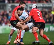 12 January 2019; Brice Dulin of Racing 92  is tackled by Stuart McCloskey and Rory Best of Ulster  during the Heineken Champions Cup Pool 4 Round 5 match between Ulster and Racing 92 at the Kingspan Stadium in Belfast, Co. Antrim. Photo by Oliver McVeigh/Sportsfile