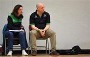 12 January 2019; Courtyard Liffey Celtics head coach Mark Byrne with Mary Bowler during the Hula Hoops Women’s Paudie O’Connor National Cup semi-final match between DCU Mercy and Courtyard Liffey Celtics at the Mardyke Arena UCC in Cork. Photo by Brendan Moran/Sportsfile