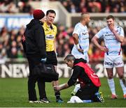 12 January 2019; Referee Matthew Carley receiving attention to an injury in the first half during the Heineken Champions Cup Pool 4 Round 5 match between Ulster and Racing 92 at the Kingspan Stadium in Belfast, Co. Antrim. Photo by Oliver McVeigh/Sportsfile