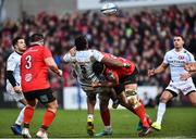 12 January 2019; Leone Nakarawa of Racing 92 is tackled by Kieran Treadwell and Marcell Coetzee of Ulster during the Heineken Champions Cup Pool 4 Round 5 match between Ulster and Racing 92 at the Kingspan Stadium in Belfast, Co. Antrim. Photo by Oliver McVeigh/Sportsfile