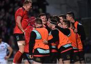 12 January 2019; Jacob Stockdale of Ulster, centre, celebrates with teammates and subs after scoring his side's third try during the Heineken Champions Cup Pool 4 Round 5 match between Ulster and Racing 92 at the Kingspan Stadium in Belfast, Co. Antrim. Photo by Oliver McVeigh/Sportsfile