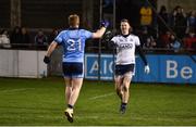 12 January 2019; Andy Bunyan of Dublin, right, is congratulated by Conor McHugh after a penalty shoot out during the Bord na Mona O'Byrne Cup semi-final match between Dublin and Meath at Parnell Park in Dublin. Photo by Sam Barnes/Sportsfile