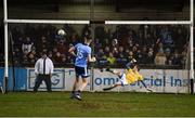 12 January 2019; Oisín Lynch of Dublin scores a penalty against Barry Dardis of Meath during the Bord na Mona O'Byrne Cup semi-final match between Dublin and Meath at Parnell Park in Dublin. Photo by Sam Barnes/Sportsfile