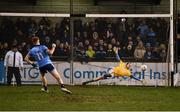 12 January 2019; Aaron Byrne of Dublin scores a penalty against Barry Dardis of Meath during the Bord na Mona O'Byrne Cup semi-final match between Dublin and Meath at Parnell Park in Dublin. Photo by Sam Barnes/Sportsfile