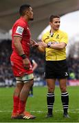 12 January 2019; Jerome Kaino of Toulouse and referee Luke Pearce during the Heineken Champions Cup Pool 1 Round 5 match between Leinster and Toulouse at the RDS Arena in Dublin. Photo by Stephen McCarthy/Sportsfile