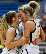 12 January 2019; Aoife Callaghan of Ulster University Elks celebrates with teammates Seana Harley-Moyles and Nichola Rafferty of Ulster University Elks during the Hula Hoops Women’s Division One National Cup semi-final match between Portlaoise Panthers and Ulster University Elks at Neptune Stadium in Cork.  Photo by Eóin Noonan/Sportsfile