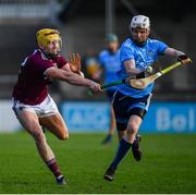 13 January 2019; Fiontán McGibb of Dublin in action against Sean Bleahene of Galway during the Bord na Mona Walsh Cup semi-final match between Dublin and Galway at Parnell Park in Dublin.  Photo by Ramsey Cardy/Sportsfile