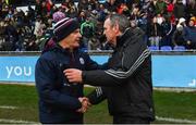 13 January 2019; Galway manager Micheal Donoghue, left, shakes hands with Dublin manager Mattie Kenny following the Bord na Mona Walsh Cup semi-final match between Dublin and Galway at Parnell Park in Dublin. Photo by Ramsey Cardy/Sportsfile