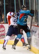 13 January 2019; Curtis Leonard of Belfast Giants in action against Anton Petrov of Arlan Kokshetau during the IIHF Continental Cup Final match between Arlan Kokshetau and Stena Line Belfast Giants at the SSE Arena in Belfast, Co. Antrim. Photo by Eoin Smith/Sportsfile