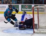 13 January 2019; Kyle Baun of Belfast Giants has his shot saved by Ivan Poloshkov of Arlan Kokshetau during the IIHF Continental Cup Final match between Arlan Kokshetau and Stena Line Belfast Giants at the SSE Arena in Belfast, Co. Antrim. Photo by Eoin Smith/Sportsfile