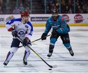 13 January 2019; Sergey Egorov of Arlan Kokshetau in action against Blair Riley of Belfast Giants during the IIHF Continental Cup Final match between Arlan Kokshetau and Stena Line Belfast Giants at the SSE Arena in Belfast, Co. Antrim. Photo by Eoin Smith/Sportsfile