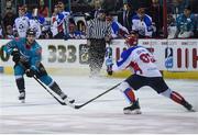 13 January 2019; Curtis Leonard of Belfast Giants in action against Sergey Egorov of Arlan Kokshetau during the IIHF Continental Cup Final match between Arlan Kokshetau and Stena Line Belfast Giants at the SSE Arena in Belfast, Co. Antrim. Photo by Eoin Smith/Sportsfile