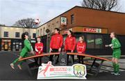 14 January 2019; The SPAR FAI Primary School 5s Programme was officially launched today by former Republic of Ireland International Keith Andrews and current Republic of Ireland Women’s International Megan Campbell. Over 35,000 boys and girls from 4th, 5th and 6th class are expected to take part in this fun and inclusive nationwide programme. Register for the SPAR5s by February 15th at www.fai.ie/primary5. Pictured at the launch are former Republic of Ireland international Keith Andrews and Republic of Ireland international Megan Campbell with, from left, Senan Ó Duinn and Jeff Ó Foghlú from Gaelscoil na Ríthe, Dunshaughlin, and Erin Ivie and Keelan Murphy of Our Lady of Good Counsel GNS, Johnstown Killiney. Photo by Stephen McCarthy/Sportsfile