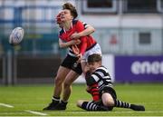 14 January 2019; Charlie Costello of Catholic University School is tackled by Ronan Lydon and Blaine Barry of Cistercian College Roscrea during the Bank of Ireland Fr. Godfrey Cup Round 1 match between Catholic University School and Cistercian College Roscrea at Energia Park in Dublin. Photo by Harry Murphy/Sportsfile