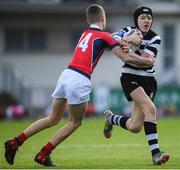 14 January 2019; Max Flynn of Cistercian College Roscrea is tackled by Rian Tracy of Catholic University School during the Bank of Ireland Fr. Godfrey Cup Round 1 match between Catholic University School and Cistercian College Roscrea at Energia Park in Dublin. Photo by Harry Murphy/Sportsfile