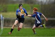 14 January 2019; Eoin Clarke of CBS Naas in action against Ethan Hearns of Salesian College during the Bank of Ireland Fr. Godfrey Cup Round 1 match between CBS Naas and Salesian College at Cill Dara RFC in Kildare. Photo by Eóin Noonan/Sportsfile