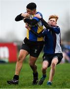 14 January 2019; Adel Mahmoud of CBS Naas is tackled by Sean Gahan of Salesian College during the Bank of Ireland Fr. Godfrey Cup Round 1 match between CBS Naas and Salesian College at Cill Dara RFC in Kildare. Photo by Eóin Noonan/Sportsfile