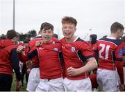 14 January 2019; Andrew Tonge, left, and Alex Nolan of Catholic University School celebrate following the Bank of Ireland Fr. Godfrey Cup Round 1 match between Catholic University School and Cistercian College Roscrea at Energia Park in Dublin. Photo by Harry Murphy/Sportsfile