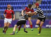 14 January 2019; Harry Lynch of Catholic University School is tackled by Niall O'Sullivan, left, and Jack Verling of Cistercian College Roscrea during the Bank of Ireland Fr. Godfrey Cup Round 1 match between Catholic University School and Cistercian College Roscrea at Energia Park in Dublin. Photo by Harry Murphy/Sportsfile