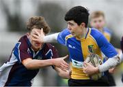 14 January 2019; Eoin Clarke of CBS Naas in action against Jack Mulhere of Salesian College during the Bank of Ireland Fr. Godfrey Cup Round 1 match between CBS Naas and Salesian College at Cill Dara RFC in Kildare. Photo by Eóin Noonan/Sportsfile