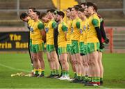 13 January 2019; The Donegal team with Donegal manager Declan Bonner, centre, for the anthem before the Bank of Ireland Dr McKenna Cup semi-final match between Donegal and Armagh at Healy Park in Tyrone. Photo by Oliver McVeigh/Sportsfile
