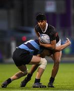 14 January 2019; Gowtham Yellapu of The High School is tackled by Isaac Garland of Newpark Comprehensive School during the Bank of Ireland Fr. Godfrey Cup Round 1 match between The High School and Newpark Comprehensive at Energia Park in Dublin. Photo by Harry Murphy/Sportsfile