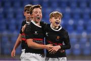 14 January 2019; Luke Hardy, left, and Andrew Whyte of The High School celebrate following the Bank of Ireland Fr. Godfrey Cup Round 1 match between The High School and Newpark Comprehensive at Energia Park in Dublin. Photo by Harry Murphy/Sportsfile