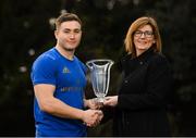 15 January 2019; Jordan Larmour receives the Bank of Ireland Player of the Month Award for October from Ruth Bowe, Bank of Ireland, at Leinster Rugby Headquarters in Dublin. Photo by Ramsey Cardy/Sportsfile
